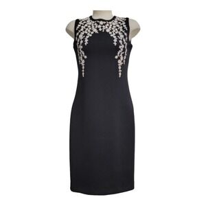 Calvin Klein Scuba Knit Sheath Dress Cocktail Elegant Beading Black Tie‎